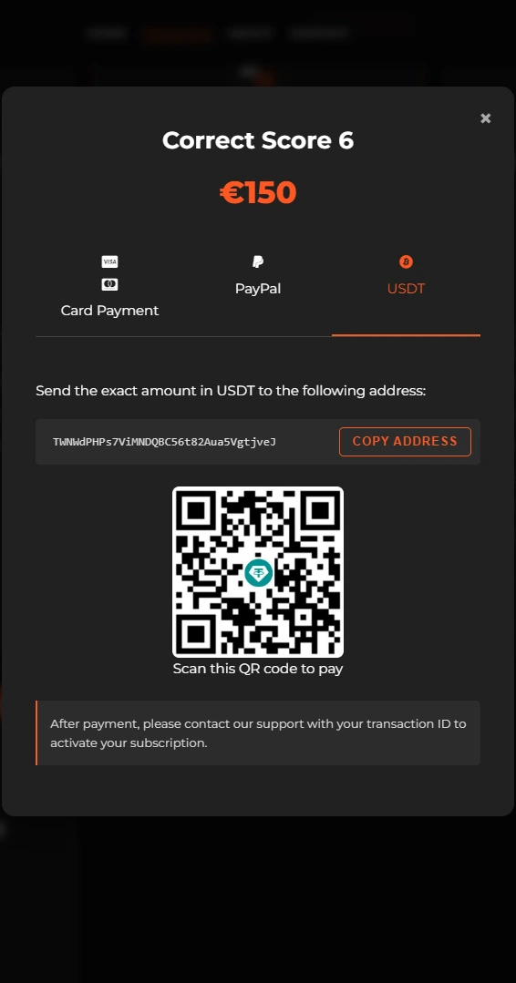 CorrectScore.pro USDT payment